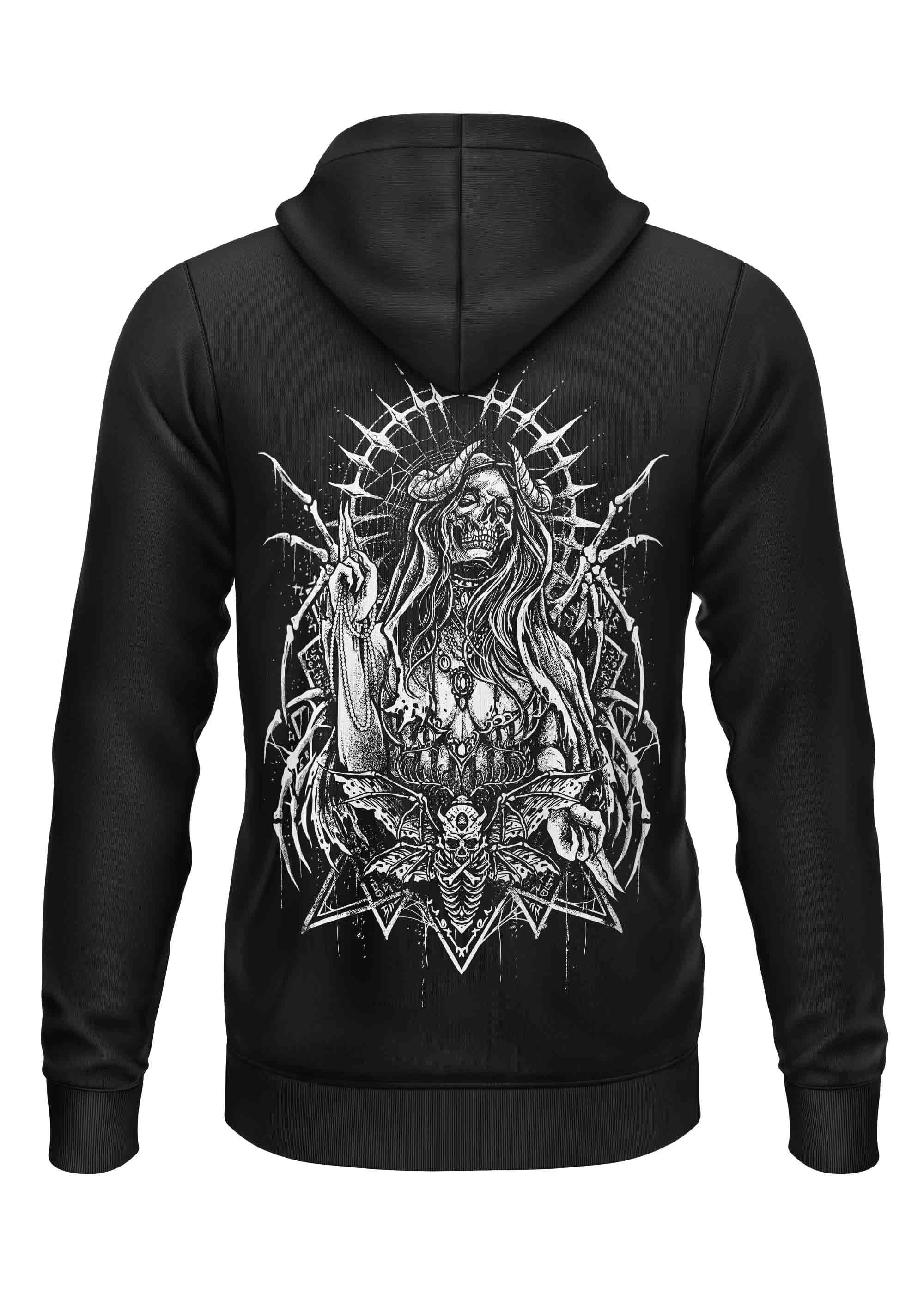 Schwarze Zip-Hoodie Devil’s Prayer mit weißem Skelett-Grafik aus recyceltem Polyester